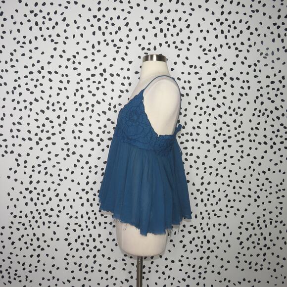 Free People Blue Boho Embroidered Strappy Cutwork Swing Tank - Picture 5 of 10